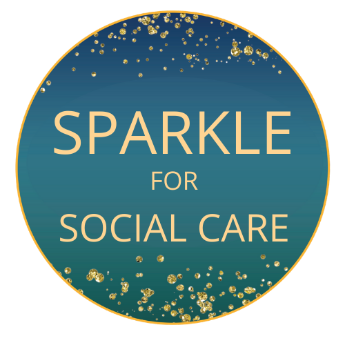 Sparkle for social care written on a blue circle with gold glitter