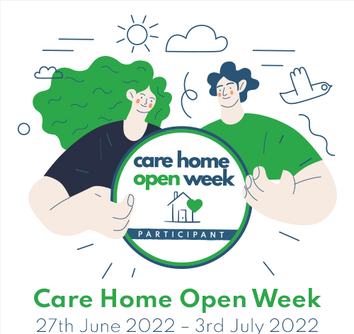 To cartoon people hold a sign, reading participant, below text reads Care Home Open Week 27th June -3rd July 2022