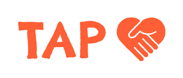 Tap logo - TAP written in orange with two orange hands in the shape of a heart.