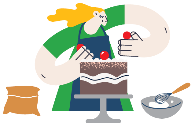 Cartoon lady decorates cake 